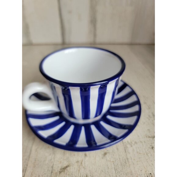 City to cottage dark blue striped teacup mug saucer set - Picture 5 of 8